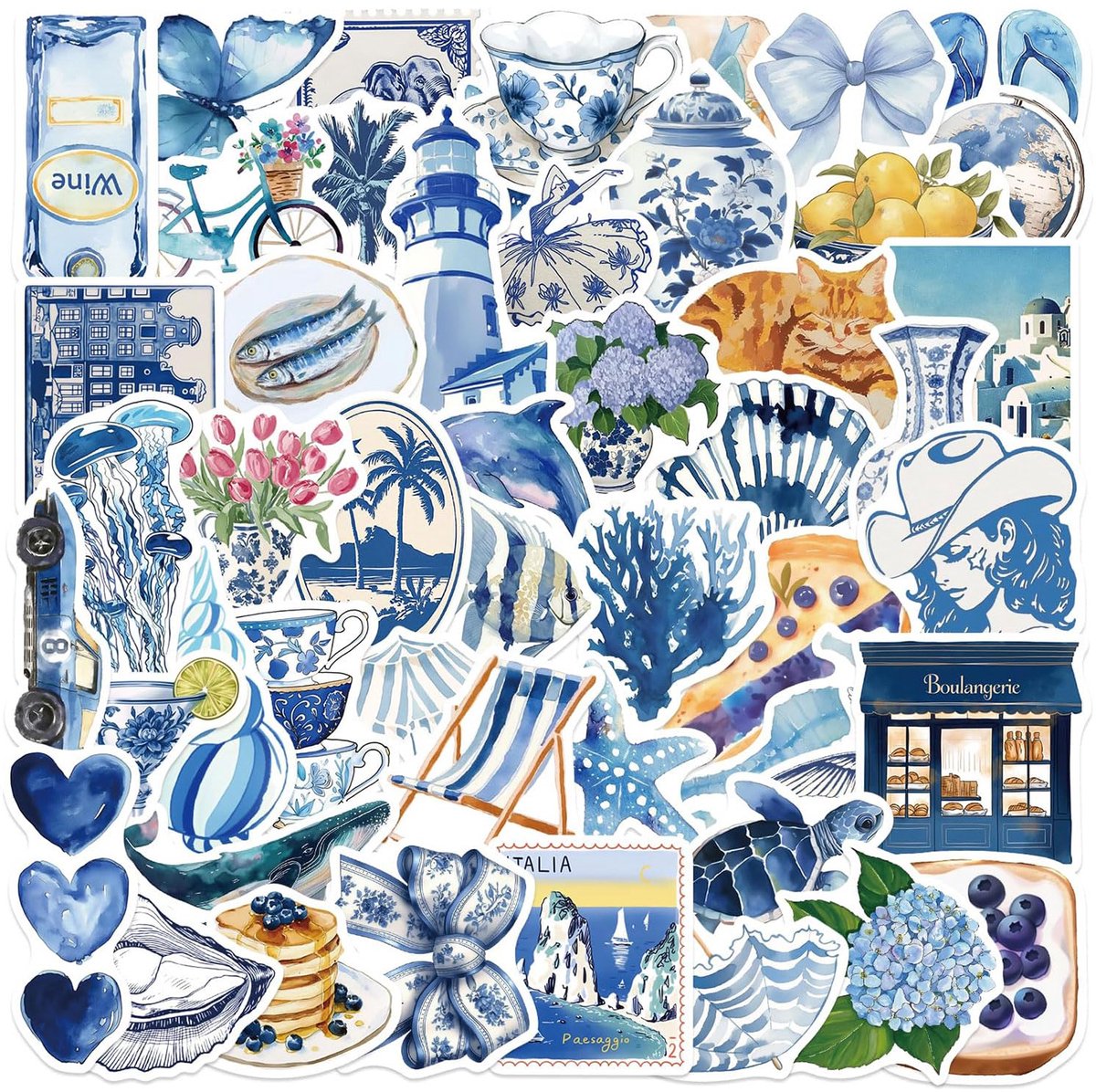 100 Stuks Blauwe Aquarel Stickers Set – Esthetische Mediterrane Reizen, Oceaan, Bloemen, Eten en Dier Scrapbook Vinyl Stickers Voor Dagboeken, Laptops