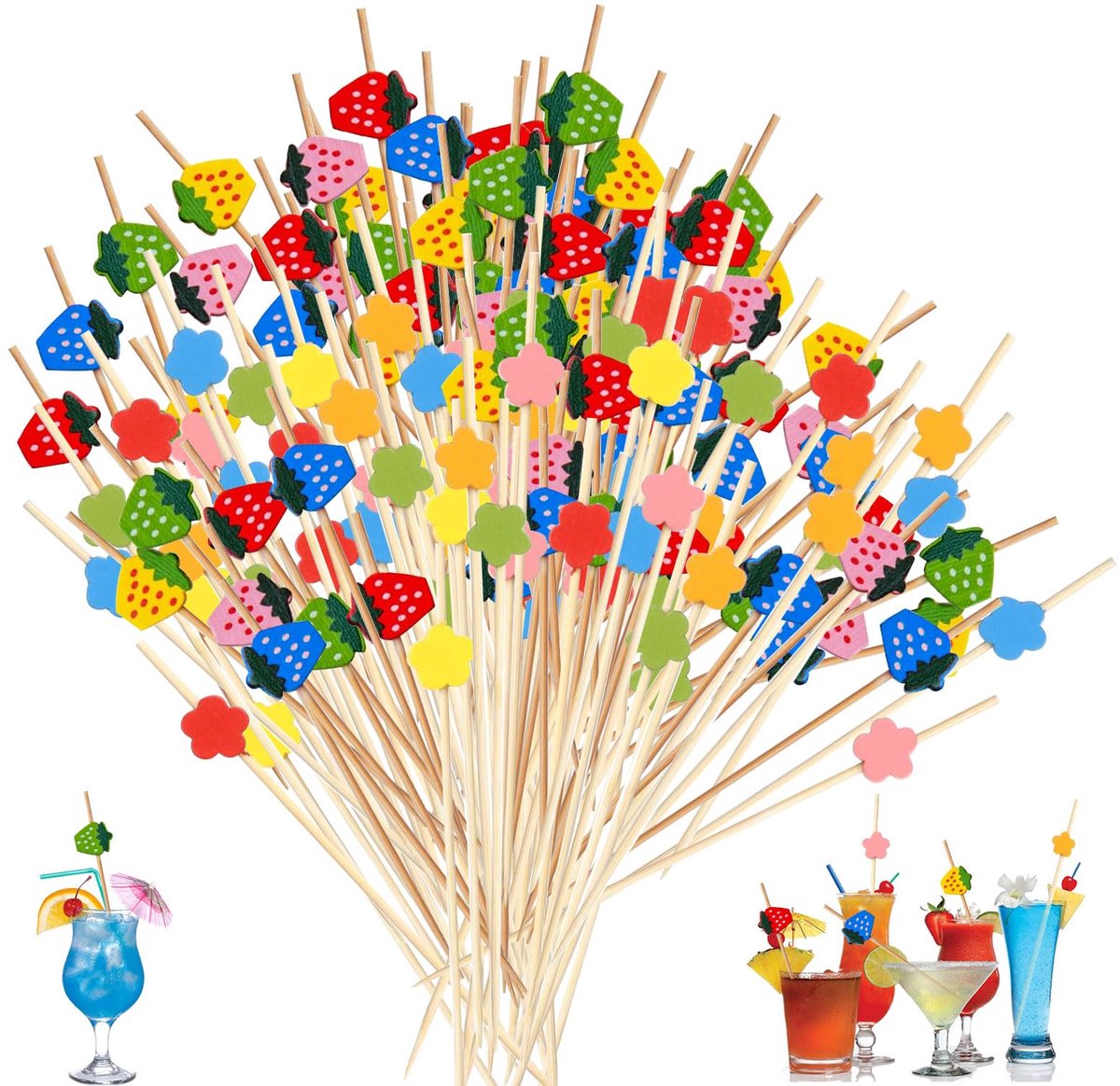 200 stuks cocktailstokjes van hout, 12 cm, kleurrijke fruitstokjes van bamboe, cocktailstokjes, hout, stokjes voor bruiloften, bars, dranken, voorgerechten, sandwiches en decoratieve feestjes
