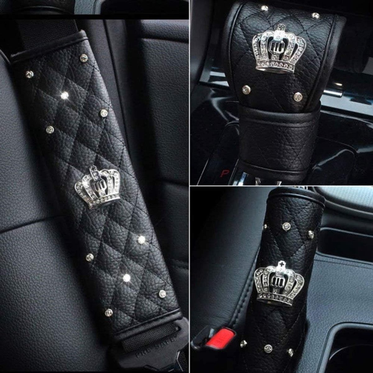 Elegante Autoaccessoires voor Vrouwen met Strass Schouderpads en Kristallen Handrem- en Versnellingspookhoes