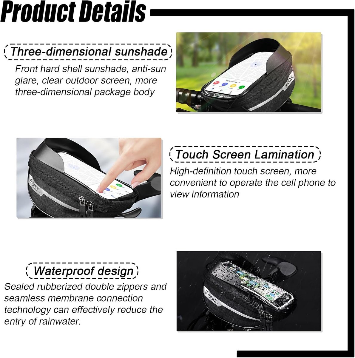 SnelShoppen - Fietstas, Fietstelefoonhouder, Waterdicht, Touchscreen-Compatibel, Framemontage, Zwart, Voor Fietsen, Fietstochten, en Dagelijks Gebruik