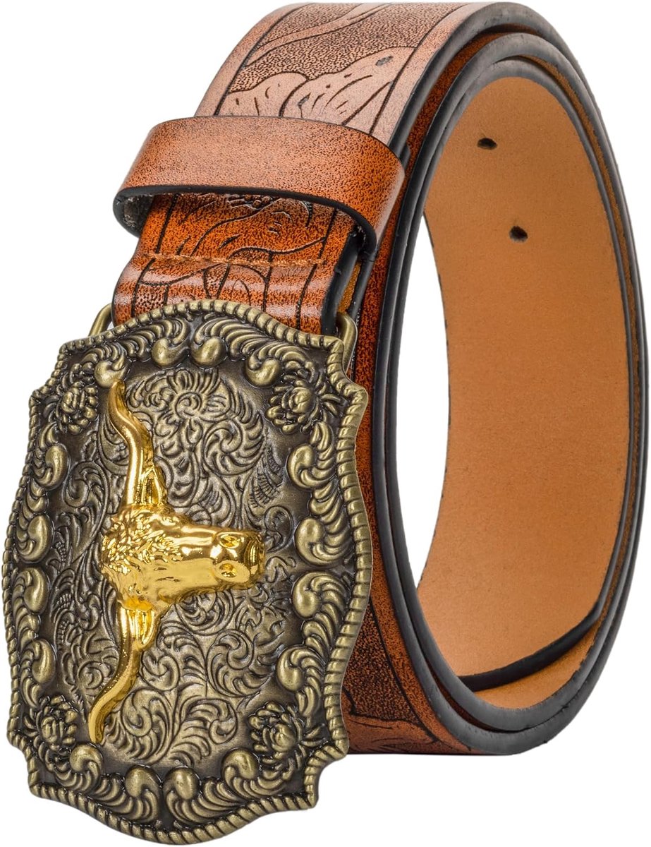 Lederen Cowboygesp Riem voor Mannen Vrouwen Jeans Gegraveerde Bloemen Longhorn Bull Texas Gesp Riem (84-104 cm taille)