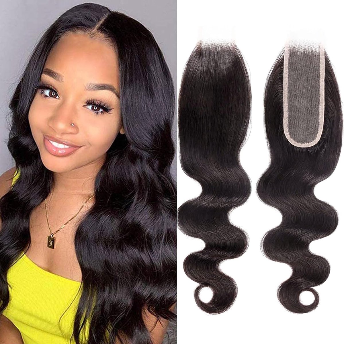 2x6 Closure Human Hair 12 Inch Brazilian Virgin Body Wave Free Part Closure with Baby Hair Swiss Transparent Lace Sew in Natural Colour