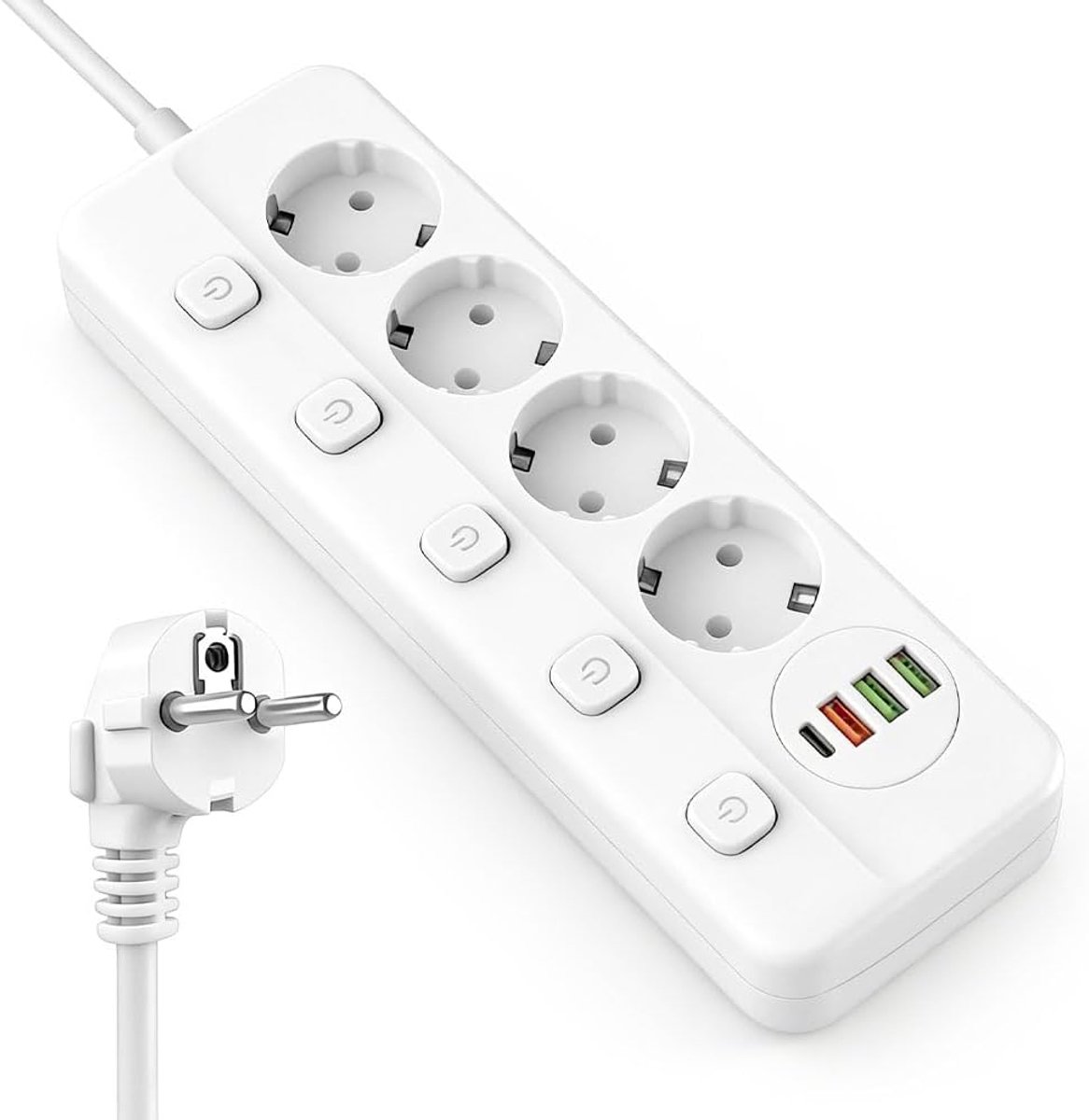 afzonderlijk schakelbaar, 4-voudige stekkerdoos met USB & type C, meervoudige stekkerdoos met 2 m verlengkabel, kinderbeveiliging, stopcontact met schakelaar voor thuis en op