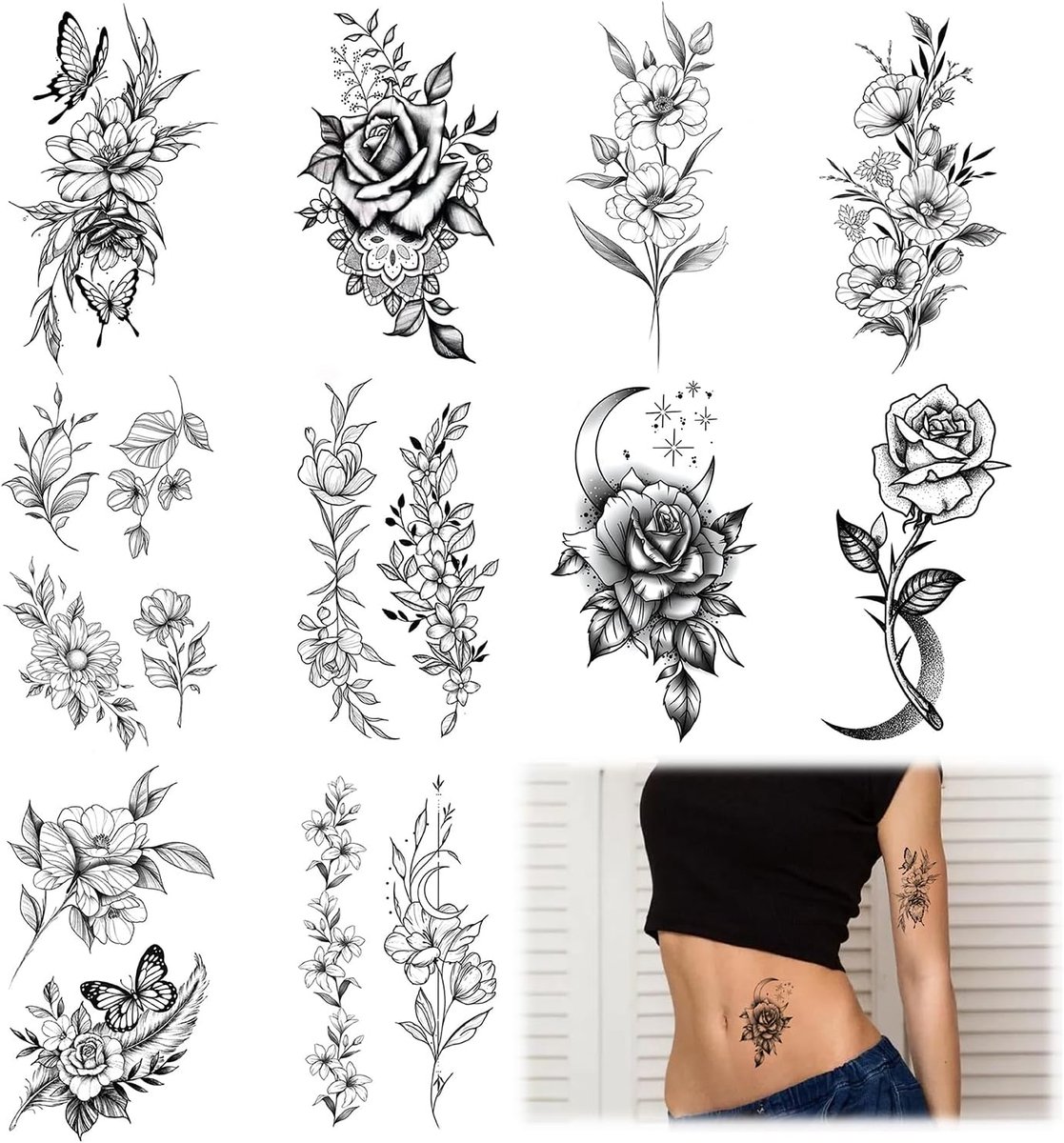 Tijdelijke tatoeages, waterbestendige nep-tatoeages om op te plakken, 10 verschillende motieven, bloemmotieven, tatoeage-stickers om op handen, benen en andere lichaamsdelen te plakken, geschikt voor