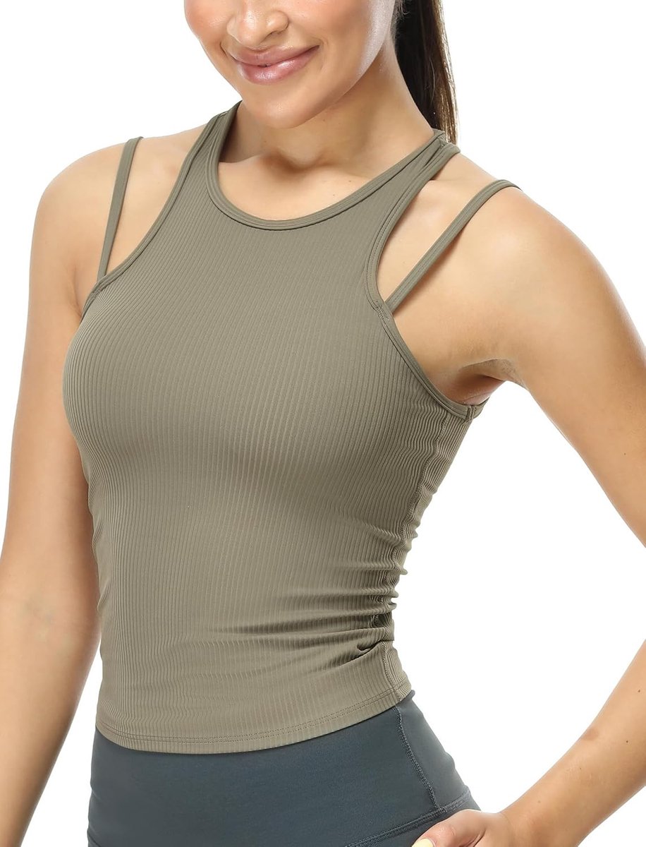 icyzone Dames Sport Yoga Top Racerback Fitness Gym Tank Tops Geribbeld Zomer Mouwloos Slim Fit Shirt Tops
