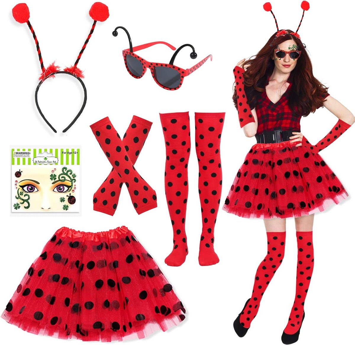 Lady Bug kostuum voor meisjes, lieveheersbeestje, feeënvleugels, kostuum, accessoireset, rode tutu (40 cm), bug zonnebril, hoofdband, been, warme vingerloze handschoenen, gezichtsstickers voor