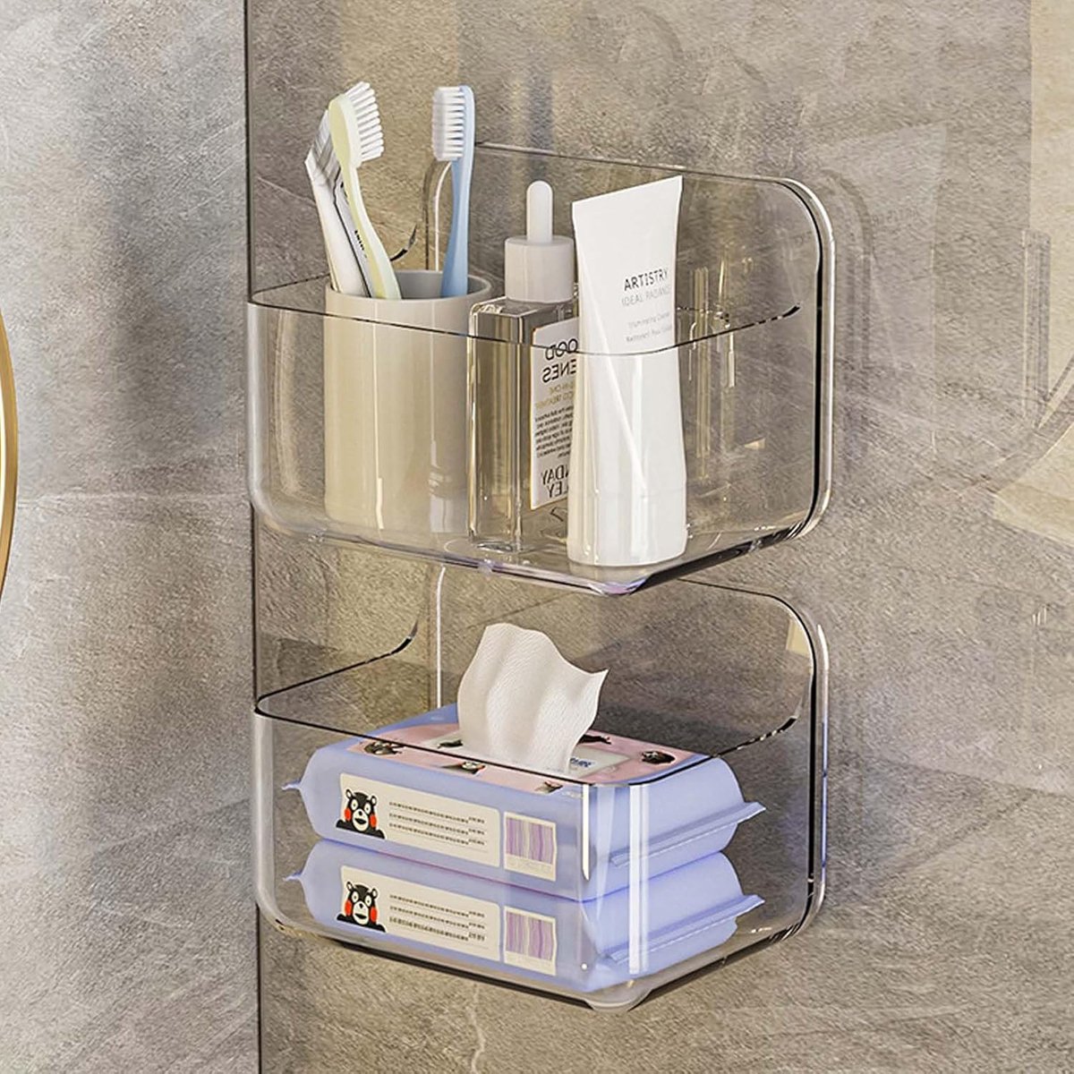 SnelShoppen - 2 stuks transparant douche-opbergrek badkamer opbergrek ponsvrij zelfklevend wandmontage waterdicht kunststof met afvoergaten voor badka