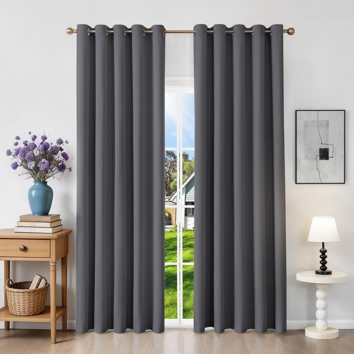Verduisteringsgordijnen met inslagringen, set van 2, thermogordijn, hittebescherming, 200 x 160 cm (h x b), gordijnen, ondoorzichtig, donkergrijs, gordijn met inslagringen voor slaapkamer