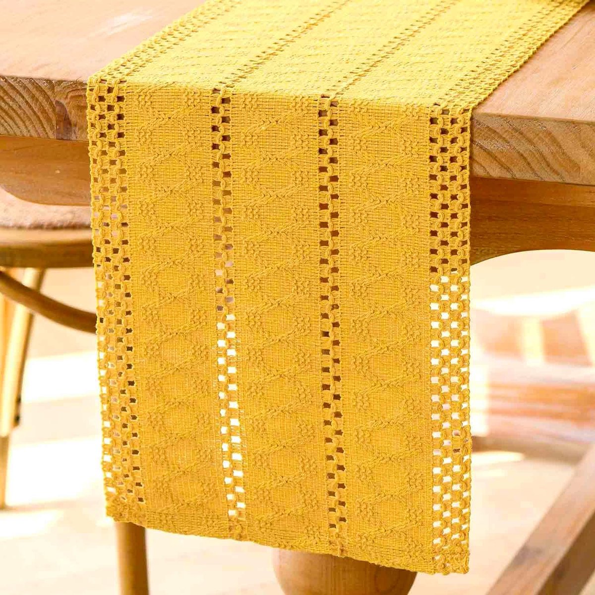 Tafelloper, macramé, geel, geweven katoen, linnen, klein, smal tafelkleed, Boheemse, rustieke boerderij, wasbare tafelloper voor bruiloft, keuken, eettafel, decoratie, 30 x 140 cm