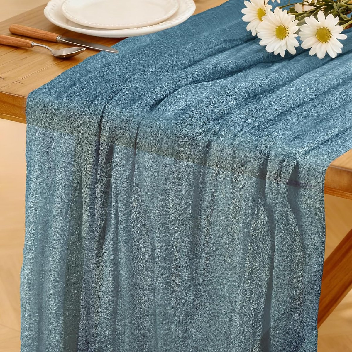 Boho Tafelloper Lichtblauw, 280 x 80 cm Kaasdoek Tafelloper Wasbare Rustieke Loper voor Bruiloften, Nieuwjaarsfeesten, Babyshowers Keukentafeldecoratie