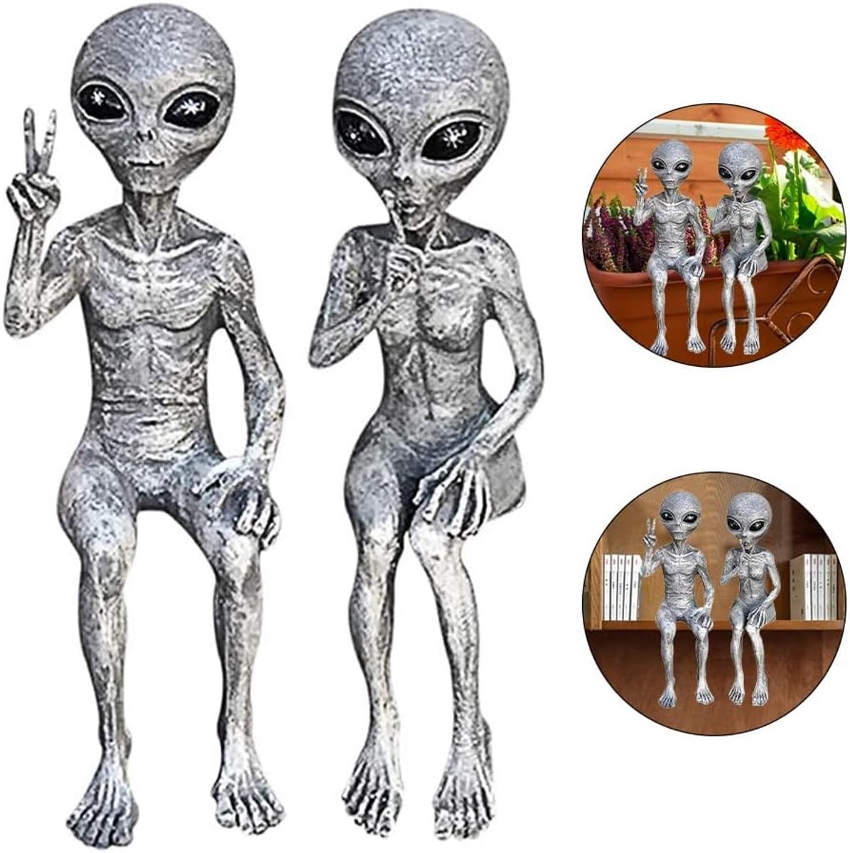 Alien decoratie, set van 2 buitenaards standbeeld, UFO tuinfiguurset, ruimte-alien-grijs-vrede, tuinbeeld, mini-hars kunstwerksculpturen geschikt voor wooncultuur slaapkamer kantoor tuin