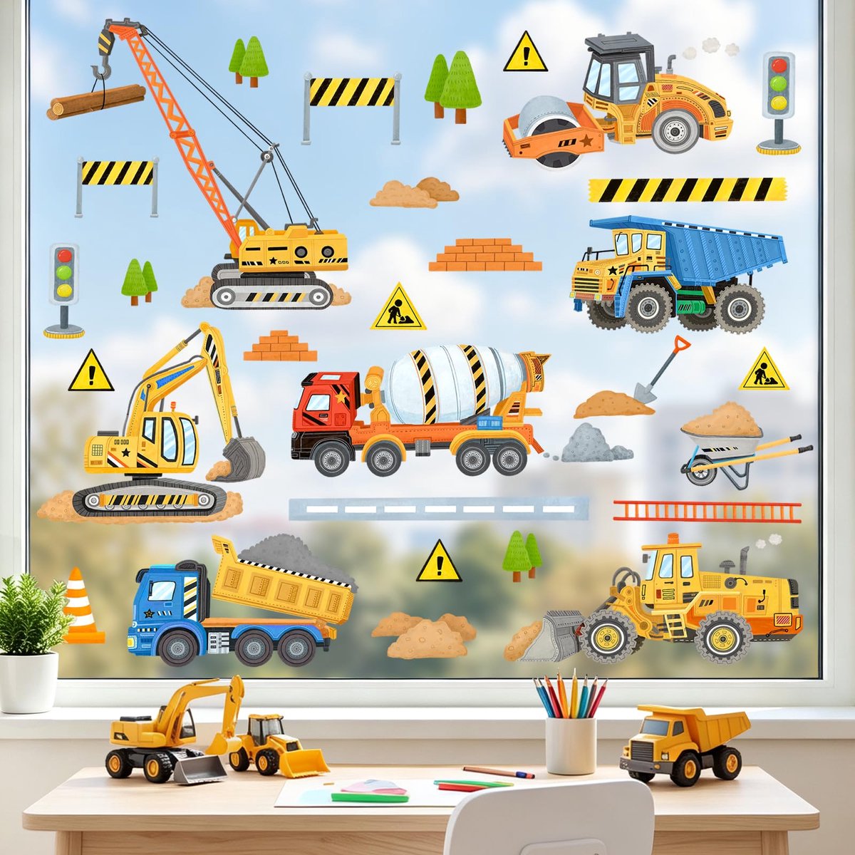 SnelShoppen - Zelfklevende Raamstickers Bouwvoertuigen voor Kinderen - Graafmachine, Kiepwagen, Kraan en Tractor - Raamdecoratie voor Kinderkamer of G