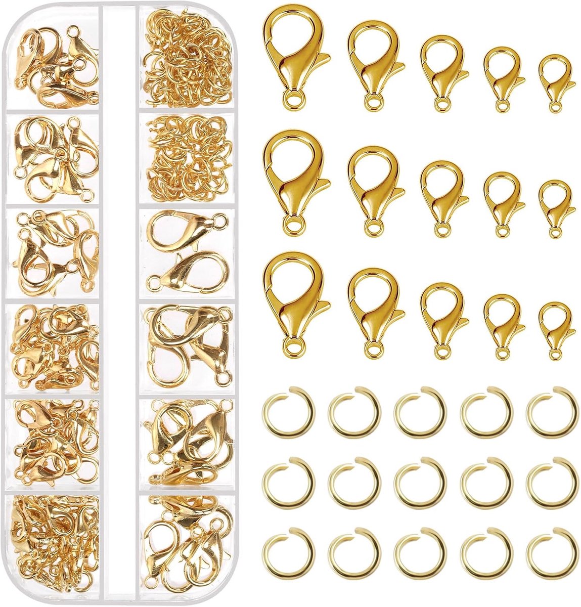 170 stuks gouden kreeft klauw sluitingen met open springringen kit, 10mm, 12mm, 14mm, 16mm, 18mm legering kleine sieraden sluitingen kreeft sluitingen en 6mm springringen voor doe-het-zelf