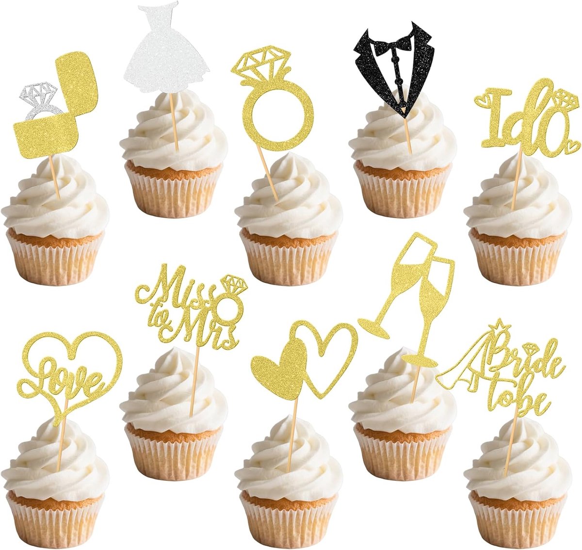 Bride to Be cupcake-topper hart diamantring taartdecoratie voor verloving bruiloft bruidsdouche party 30 stuks (goud)
