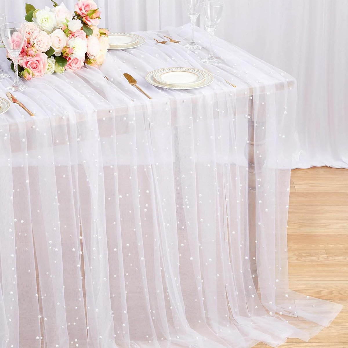 2 Stuks Kant Tafelkleed, 200 x 80 cm Plastic Witte Parel Tafelloper Tule Tafelkleed, Chiffon Tafelloper Net voor Bruiloft Sluiers Jurken Gordijnen Tabel Kleding