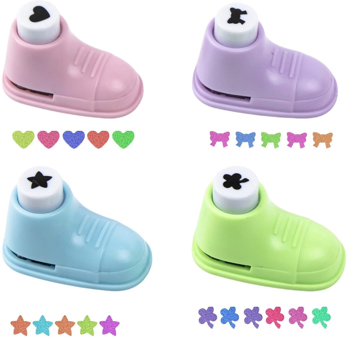 Puncher voor papier, stansvormen, papiersnijder, punch, schoenvorm om te knutselen, hart, ster, klaverblad, strik voor geschenkverpakking, kaarten maken, scrapbooking, decoratie, 4 stuks