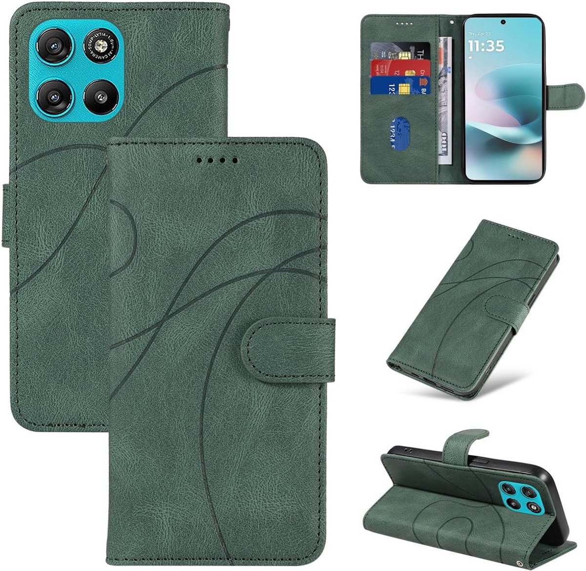 Boekhoesje voor Motorola Moto G77 / G87 / G67 | PU-leren telefoonhoes, Etui met 3 kaartsleuven, Magnetische sluiting, Standaardfunctie, Schokbestendig, Green