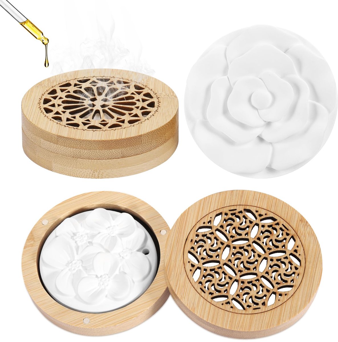 Geursteen voor etherische oliën, diffuser geurverspreider met houten wierookdoos, diffuser, etherische oliën, geursteen, geurverspreider voor yoga, thuis, auto, kantoor, spa (2 stuks)