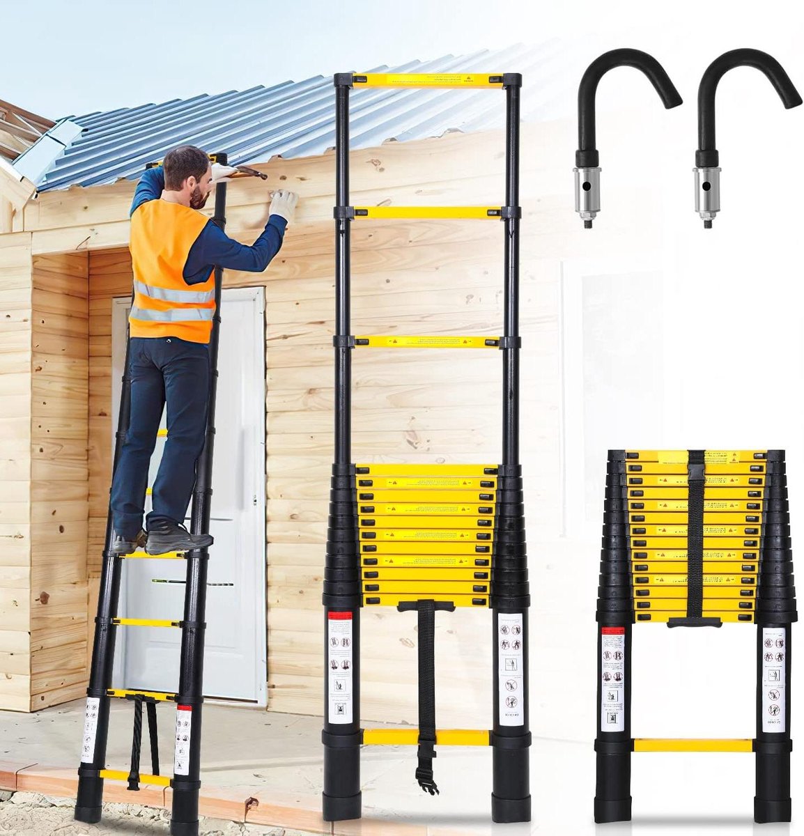 Telescopische Ladder - Uittrekbare Vouwladder - Huishoudelijke Klussen - Lichtgewicht Aluminium - 4.4 Meter - Zwart