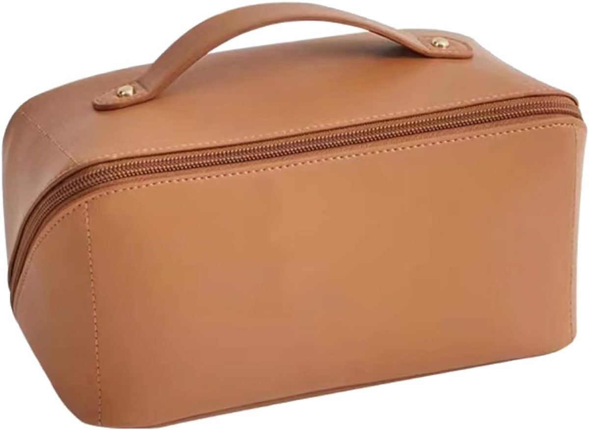 SnelShoppen - Grote Capaciteit Toilettas - Waterdichte Multifunctionele Draagbare Make-uptas voor Dames - Bruin Leer - Perfect voor Cosmetica, Accesso
