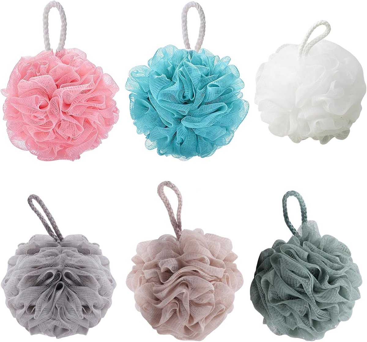 Set van 6 zachte badsponzen met ophangband, ideale douchespons voor lichaamsscrub, exfoliatie en dagelijkse reiniging