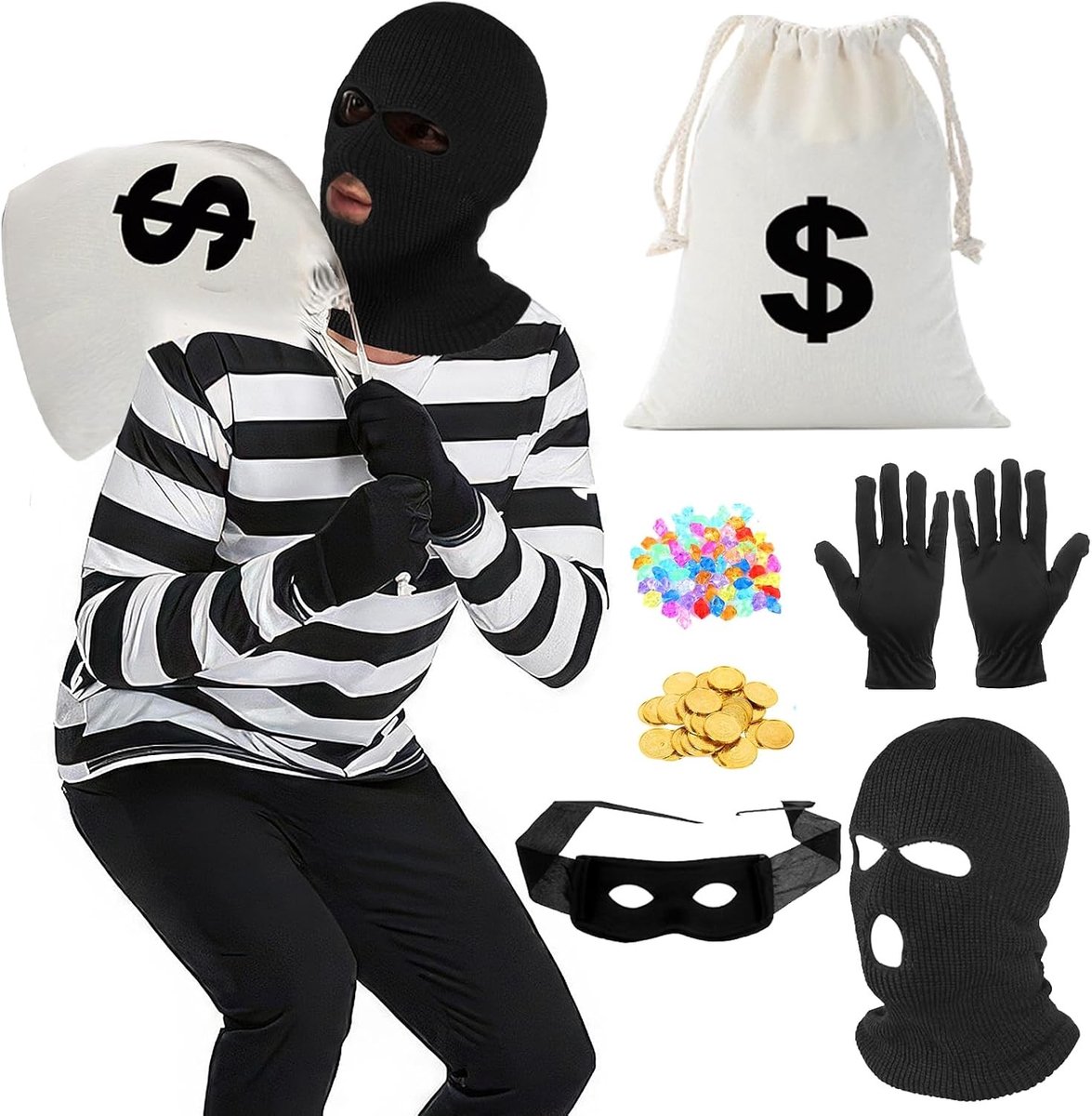 Gestreept kostuum voor mannen met t-shirt, handschoenen, oogmasker en handtas voor Halloween en carnaval