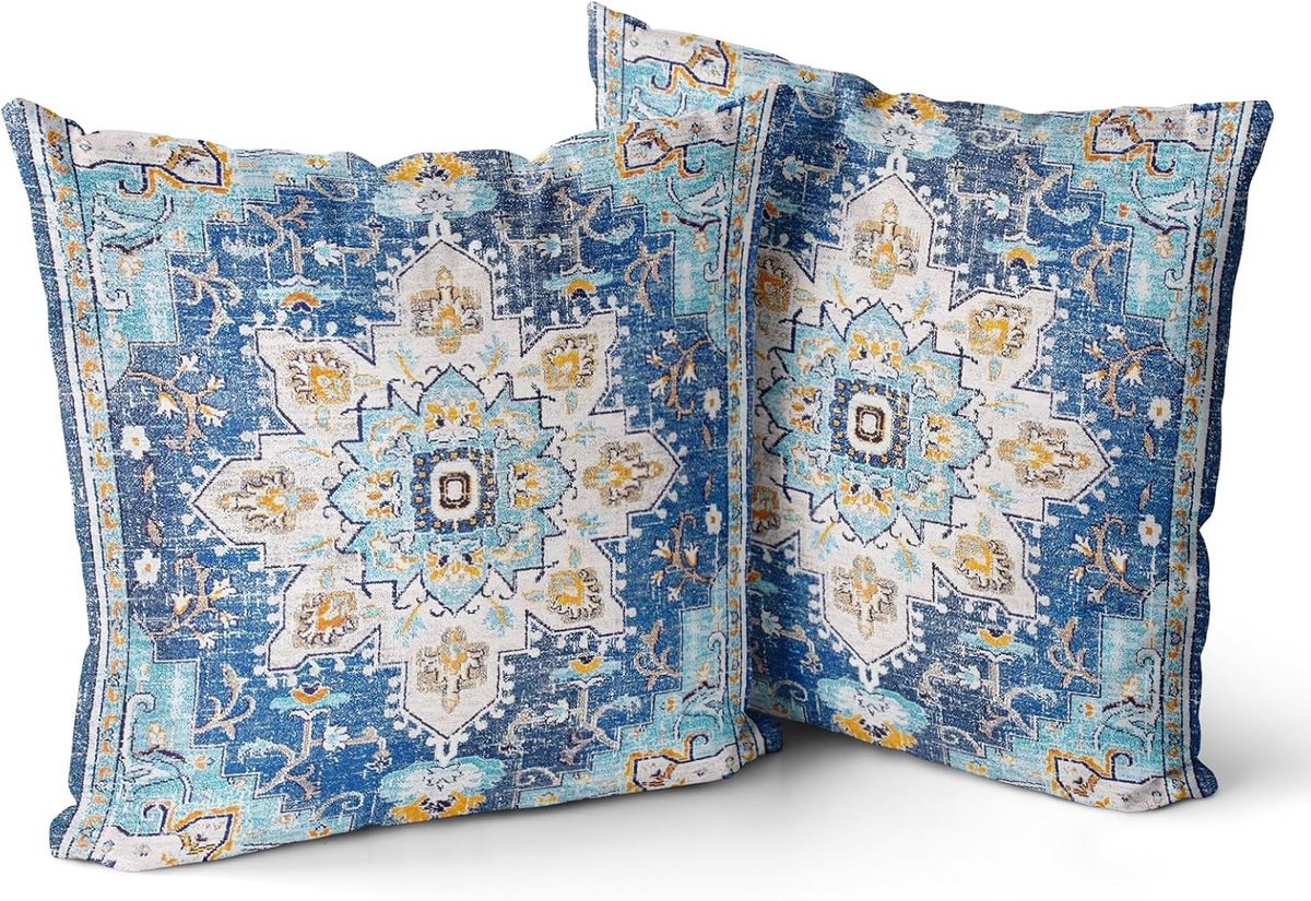 SnelShoppen - Set van 2 Boho Kussenslopen 45x45 cm - Zachte Fluwelen Sierkussenhoezen in Blauw - Retro en Etnische Decoratie voor Woonkamer en Bank