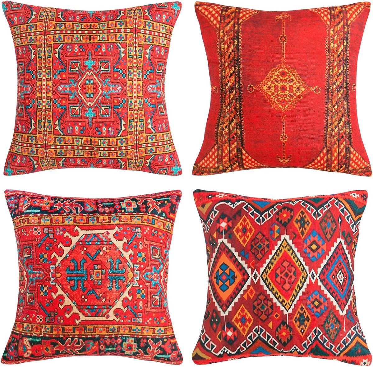 SnelShoppen - Kussensloop 45 x 45 cm, abstract geometrisch rood, sofakussen, sierkussen, boho retro oosterse stam, linnen kussenovertrek, patroon, voo
