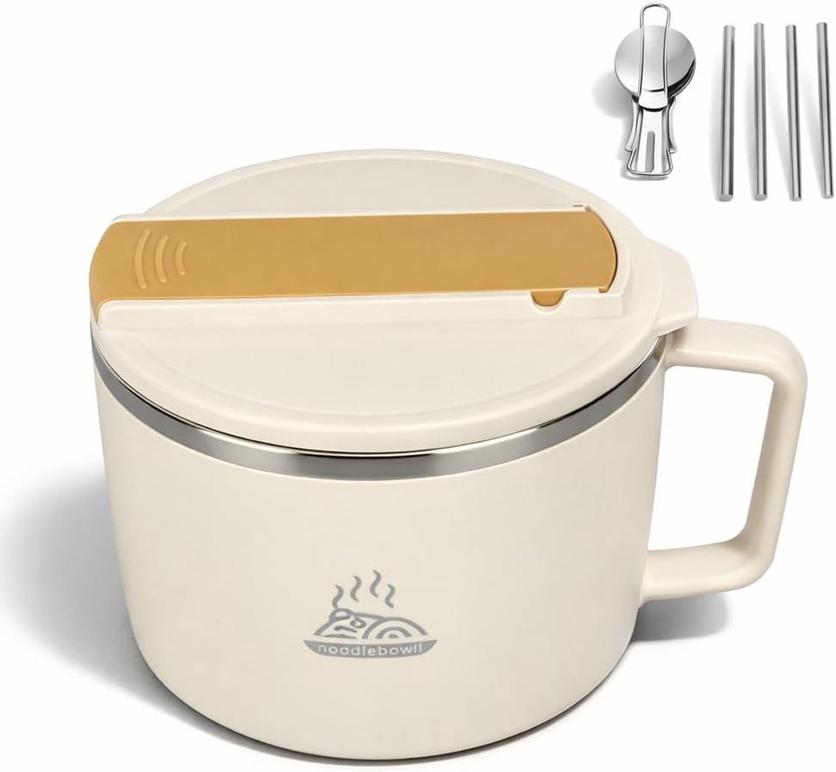 SnelShoppen - Quick Ramen Bowl Dubbel Laag RVS Noodle Foam Beige - Anti-Scalding, Slimme Deksel met Telefoon Sleuf, Ideaal voor Thuis, Kamperen, Pickn