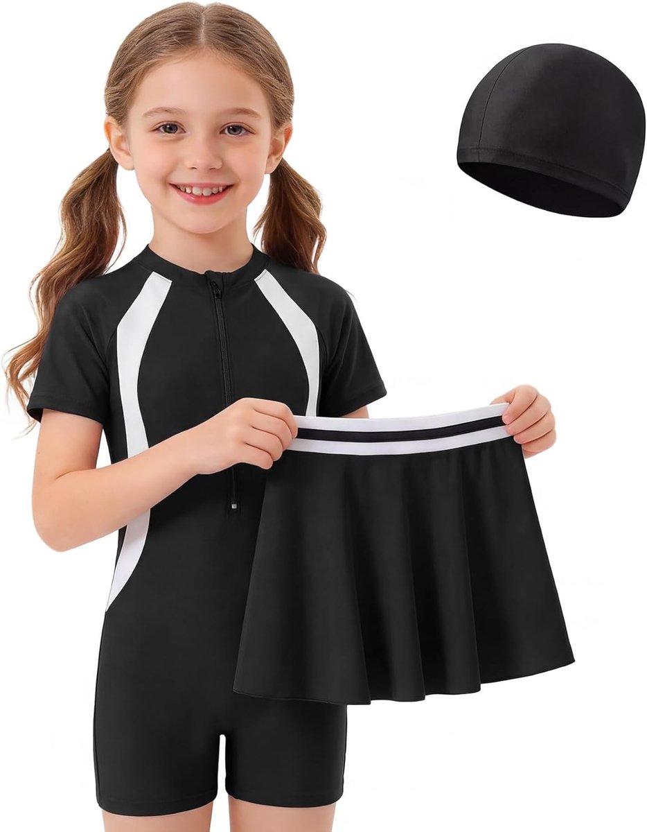 Meisjeszwempak met Rokje en Badmuts, 3-in-1 Sneldrogend Zwempak met Korte Mouwen voor Meisjes Zomer Strand Surfen Zwemmen Watersporten Zwemkleding voor Kinderen 4-12 Jaar