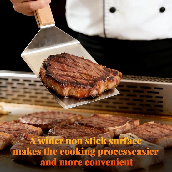 Spatelset van roestvrij staal, pannenwender spatel met houten handgrepen voor burgerpers Teppanyaki Barbecue Steak Teppanyaki accessoires — afbeelding 2