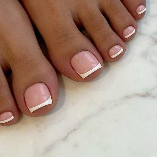 24 stuks kunstnagels, korte voeten, vierkante witte French White Tips Light Pink Base Design, zomer, INS nep feet Toe nagels, volledige cover voet press-on nagels, kunstmatige teennagels — afbeelding 2