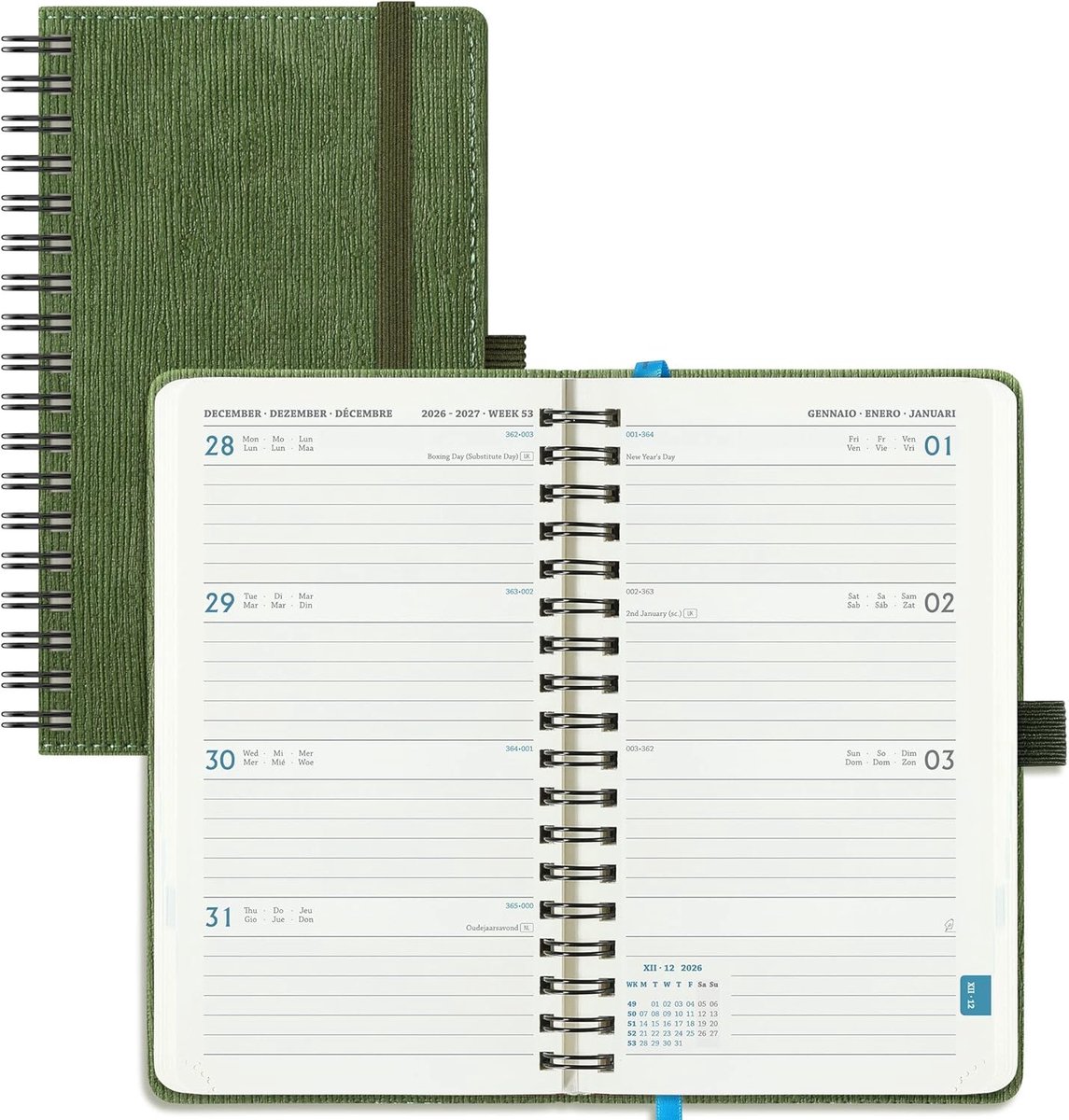 2026 2027: Pocket Weekagenda A6 Klein Boekagenda(16,4 x 9,5cm) Schoolagenda 18 Maanden Weekplanner van Jul.2026 tot Dec.2027, 80 Grams Papier, Zachte PU-Leren Spiraal, Olijfgroen