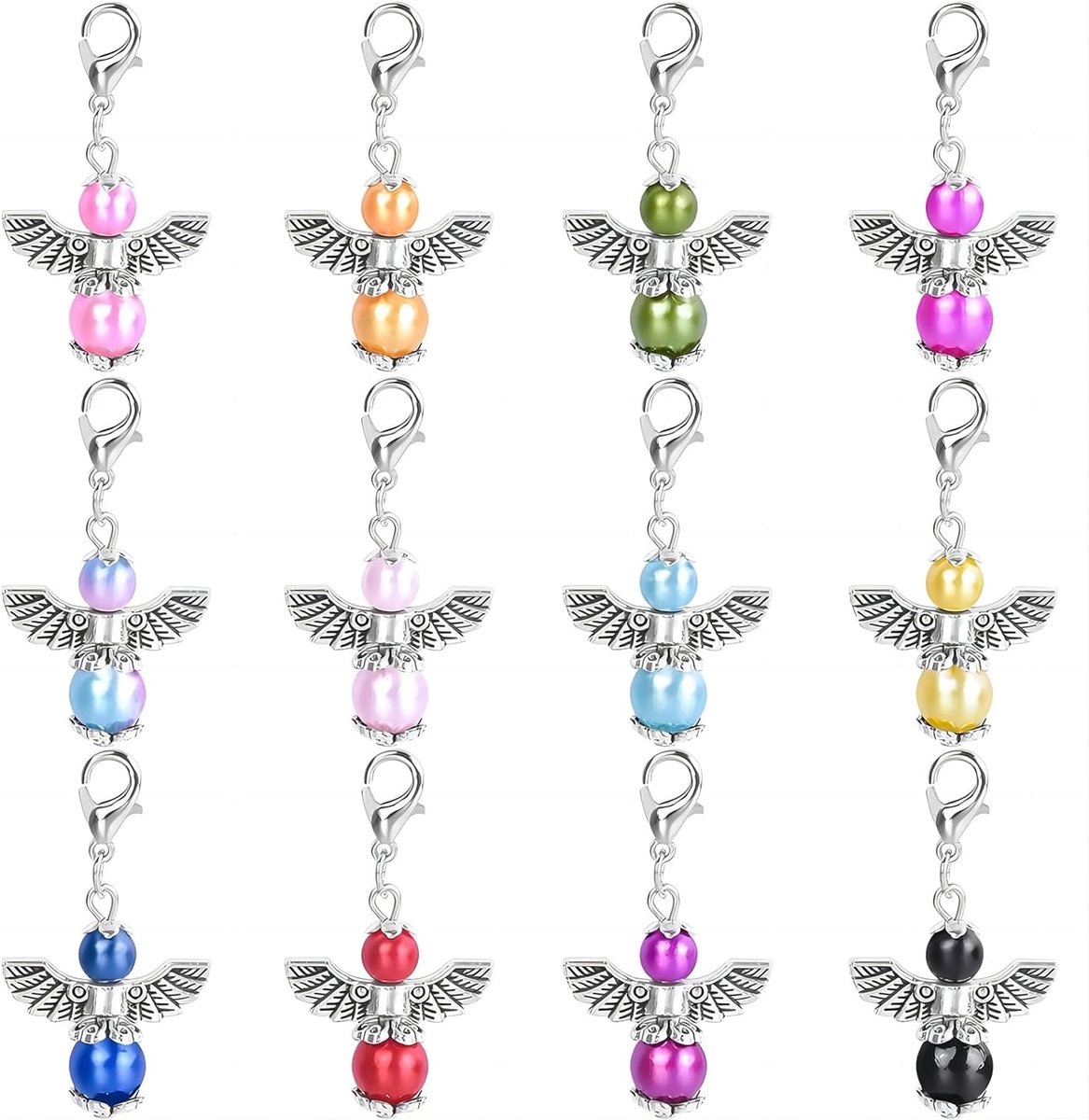 12 STKS Beschermengel Sleutelhangers Kleurrijke Parel Engel Hanger Sleutelhanger Geluksbrenger Hangers Gastgeschenken voor Babyshower Bruiloft Kerst Feestcadeaus Decoratie Knutselwerk