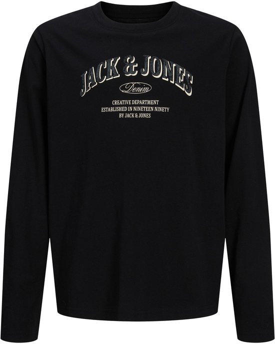 Zwarte longsleeve met 'JACK & JONES DENIM CREATIVE DEPARTMENT ESTABLISHED IN NINETEEN NINETY BY JACK & JONES' opdruk.
