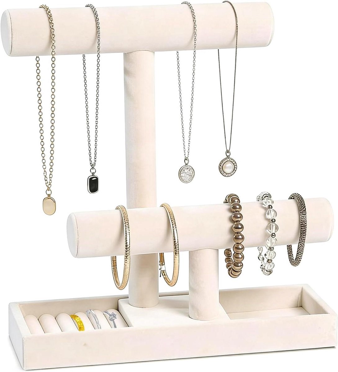 Metalen sieradenstandaard - Sieraden organizer - Sieraden opbergen - Twee verdiepingen - 27x10x23 cm - Beige