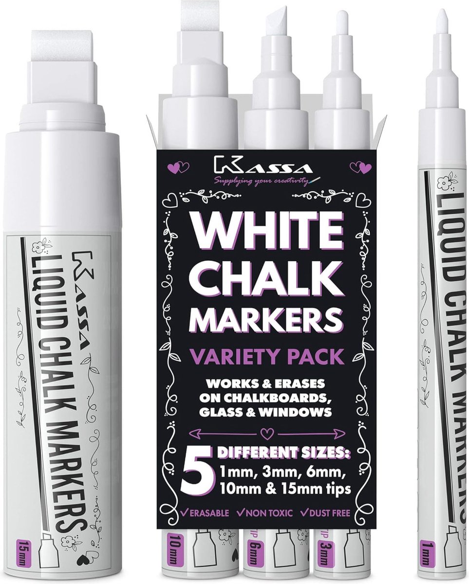 Witte Krijtmarkers voor Schoolborden en Spiegels - Set van 5 Omkeerbare Dubbele Tip Pennen