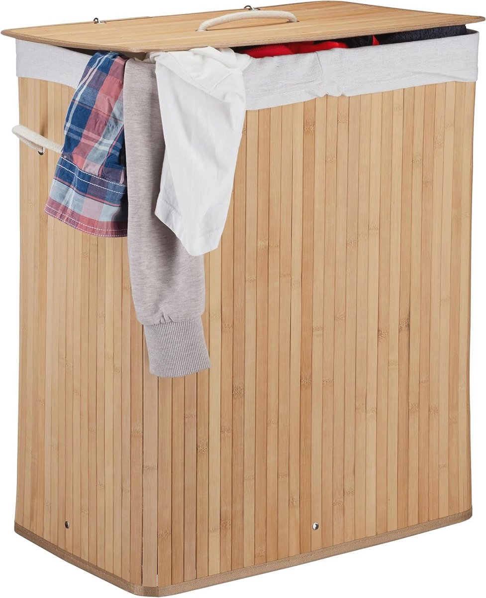 Goedkoopste Bamboe wasmand met deksel en 2 vakken - Ruimtebesparend en opvouwbaar - 95 L