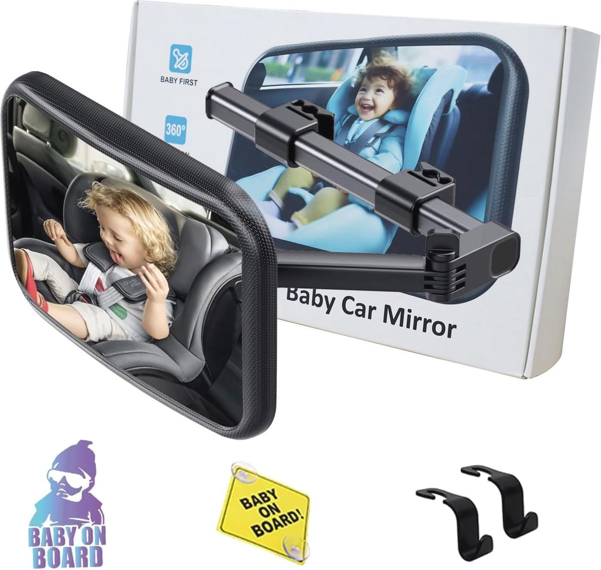 Image of Achterbank Autospiegel voor Baby met Draaibare Armen - Inclusief Stickers en Haken