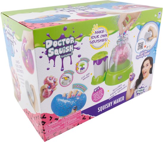 Doos van Doctor Squish Squishy Maker met afbeeldingen van squishies, een maker en een vrouw.