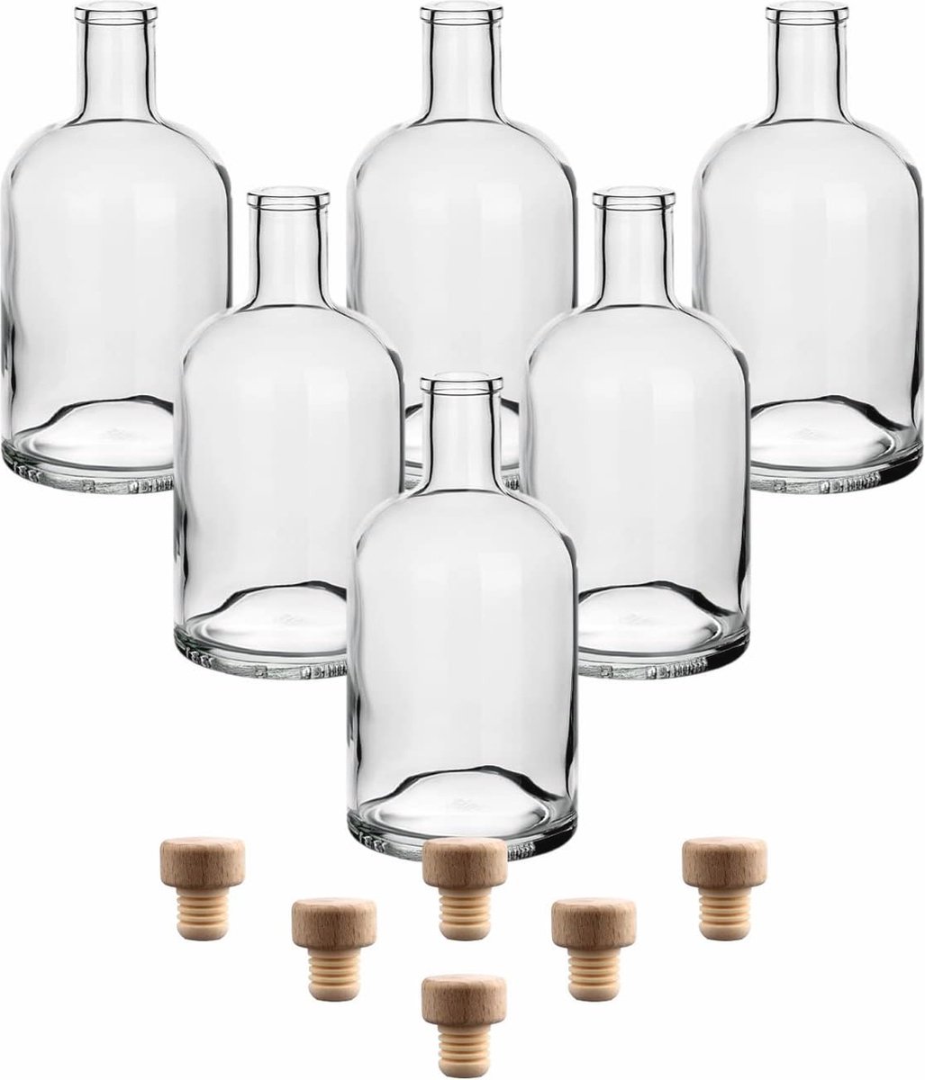 Set van 6 glazen flessen met houten kurk - 700 ml - Voor zelfgemaakte drankjes en decoratie