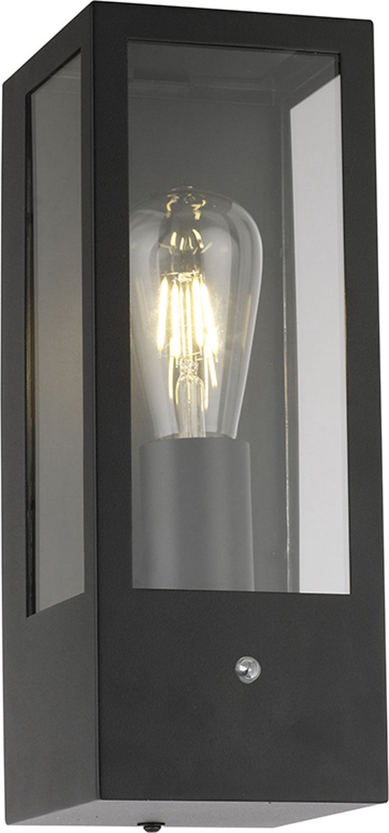 Olucia - SENNE - Buitenmuurlamp met schemersensor - Zwart - Vorm: Rechthoek