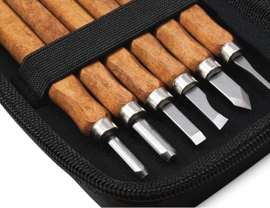 Houtsnijmachineset 12 stuks - Ideale snijmesenset voor beginners en professionals met tas, handleiding en slijpsteen — afbeelding 2