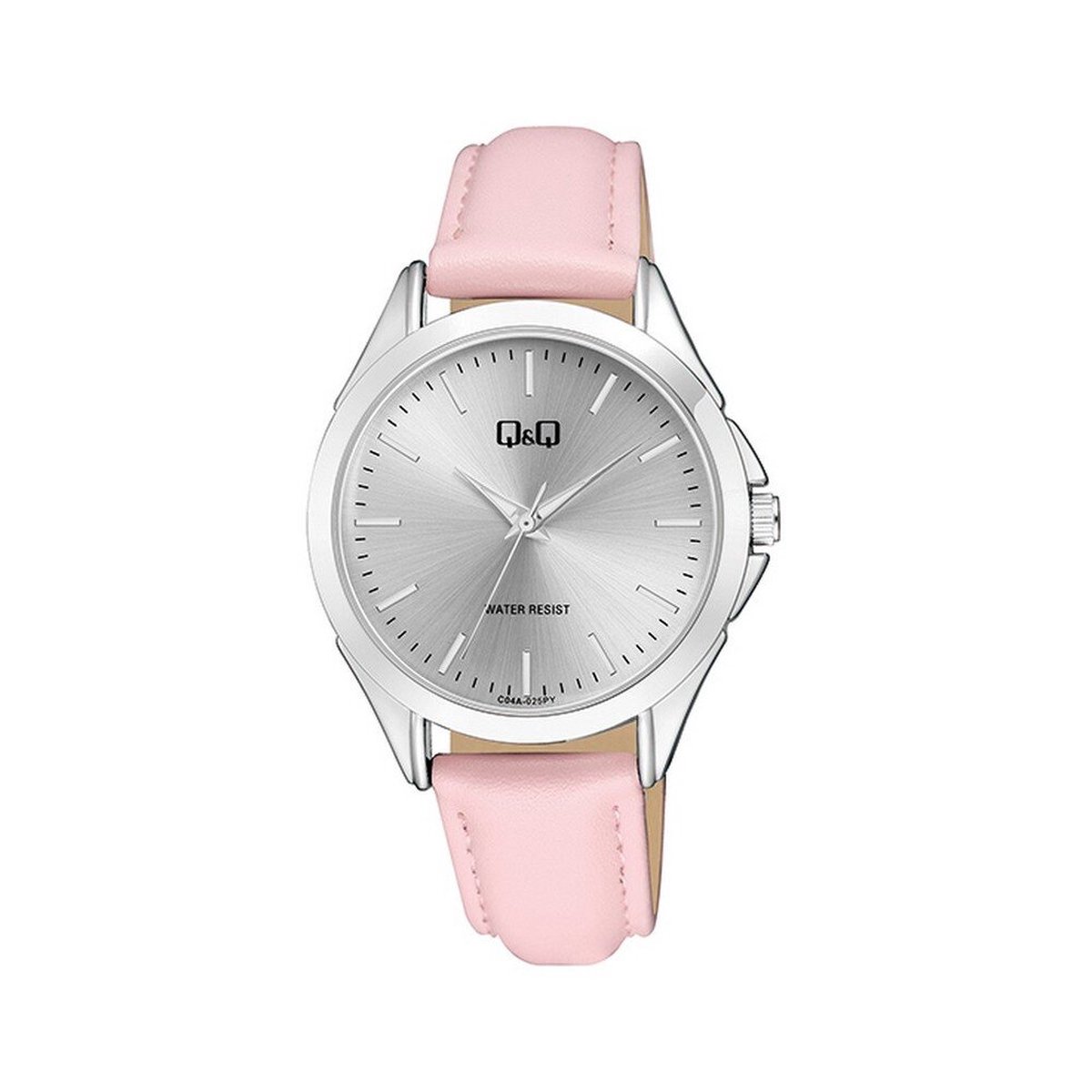 QQ C04A-025PY - Horloge - Analoog - Unisex - Leren band - Rond - Metaal - Streepjes - Roze - Zilverkleurig