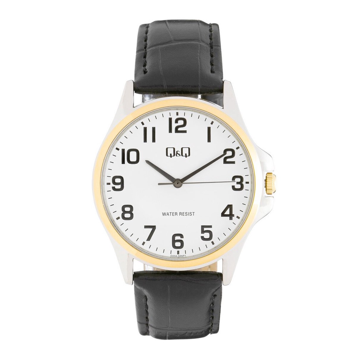 QQ Q43A-505PY - Horloge - Heren - Mannen - Leren band - Rond - Metaal - Waterdicht 5ATM - Zwart - Zilverkleurig - Goudkleurig - WIt