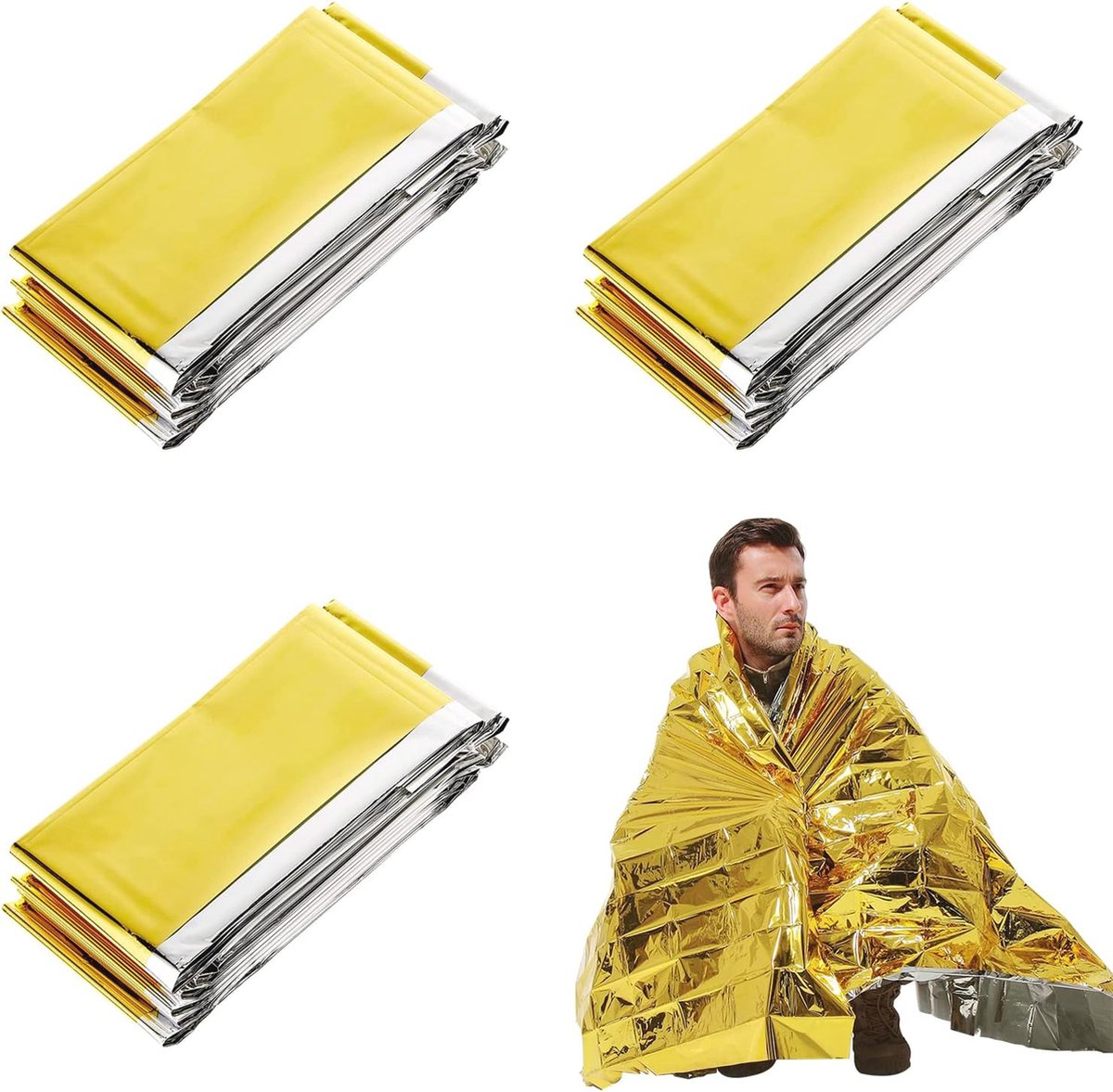Thermodeken voor Noodgebruik - 3 Stuks, 210 x 160 cm, Bescherming tegen Kou, Regen en Hitte