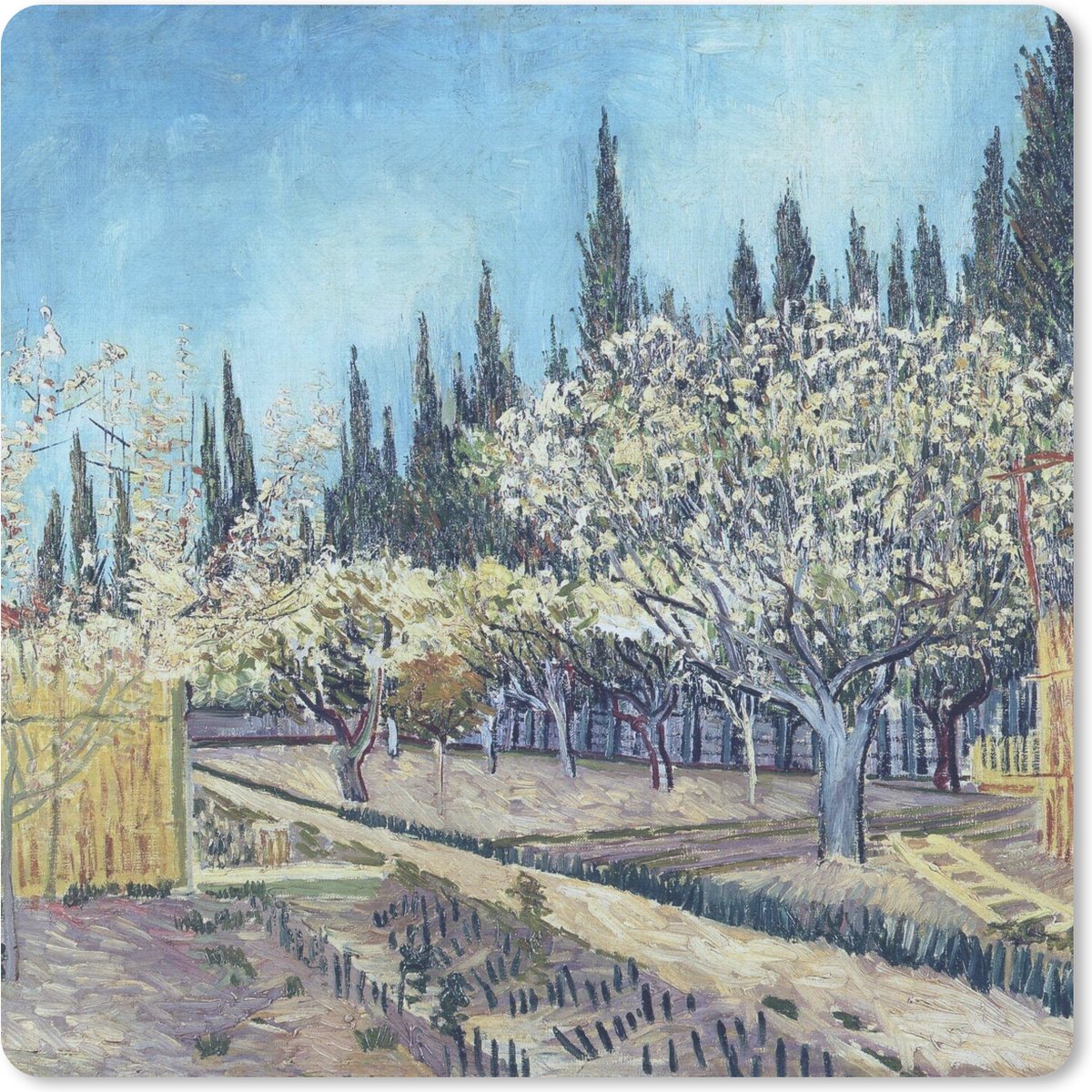 Muismat 20x20 cm - Mousepad Boomgaard tegen cipressen - Vincent van Gogh - Muismatten