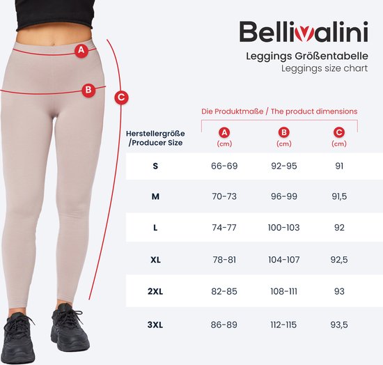 Maattabel voor een beige legging, met de letters A, B en C die verschillende lichaamsmaten aangeven.