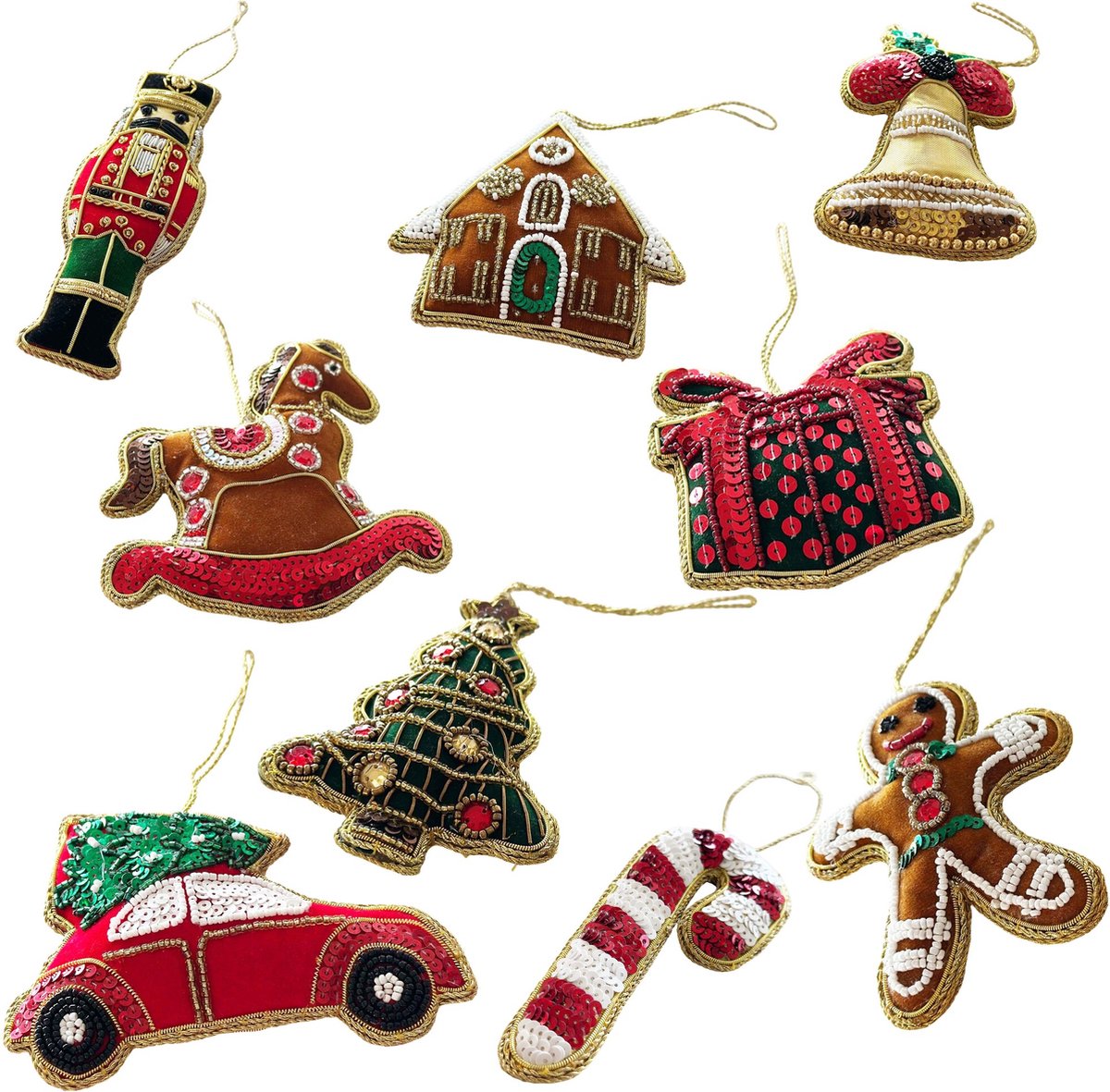 HEM Kerstballen Set – 9 Stuks – Mix Ornamenten – Notenkraker, Zuurstok, Gingerbread, Auto & Hobbelpaard – Luxe Kerstdecoratie