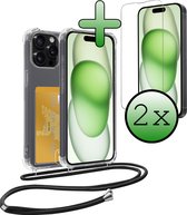 Hoes Geschikt voor iPhone 11 Pro Max Hoesje Pas Houder Shock Proof Case Hoes Met Koord Met 2x Screenprotector - Hoesje Geschikt voor iPhone 11 Pro Max Hoes Met Telefoonkoord Pasjeshouder Cover - Transparant